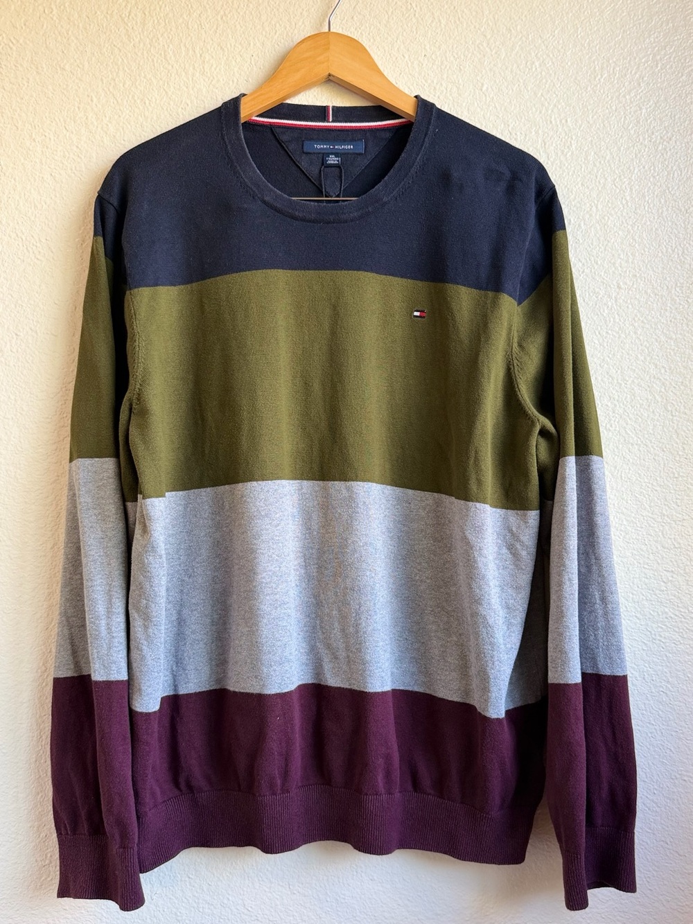 Tommy Hilfiger Men’s Crewneck Sweater — Navy, Olive, Light Gray & Burgundy